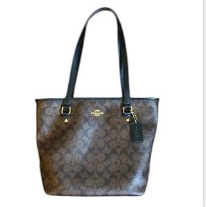 Coach None Zipper Signature F58294 Brown Black Tote